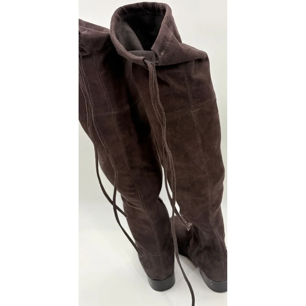 Women Dark Brown Faux Suede Over the Knee Thigh High Tie Back Boots Size 7.5